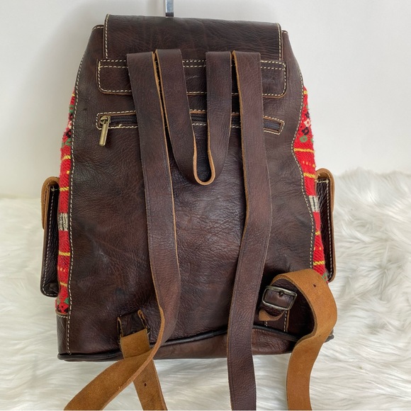 Handmade Moroccan Large Leather Kilim Carpet Unisex Backpack - Picture 2 of 5